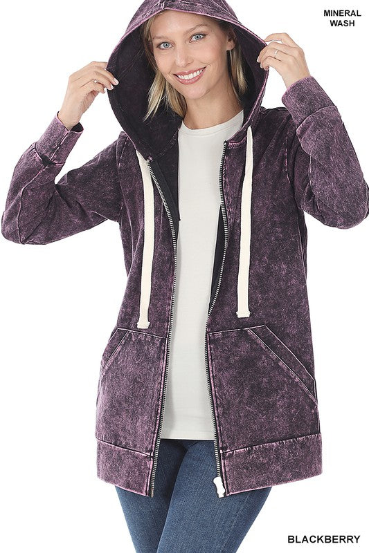 Hoodie jacket Mineral Wash Finish- Long sleeves- choice for casual and athleisure wear. - Blackberry