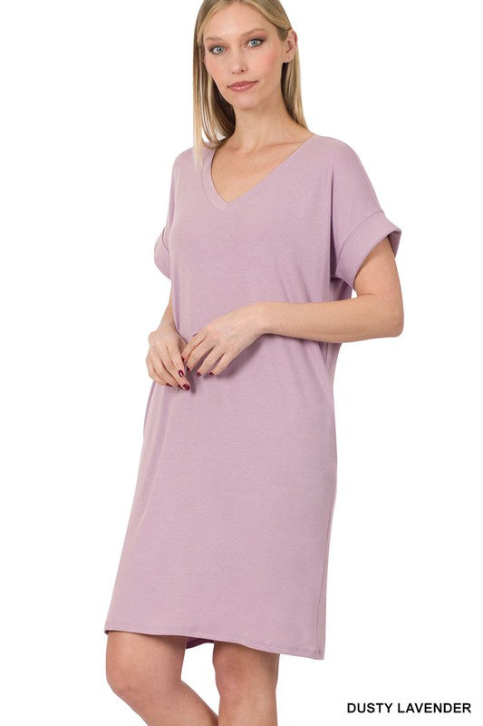 ROLLED SHORT SLEEVE V-NECK DRESS