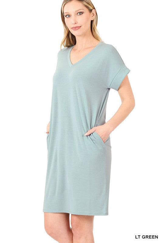 ROLLED SHORT SLEEVE V-NECK DRESS