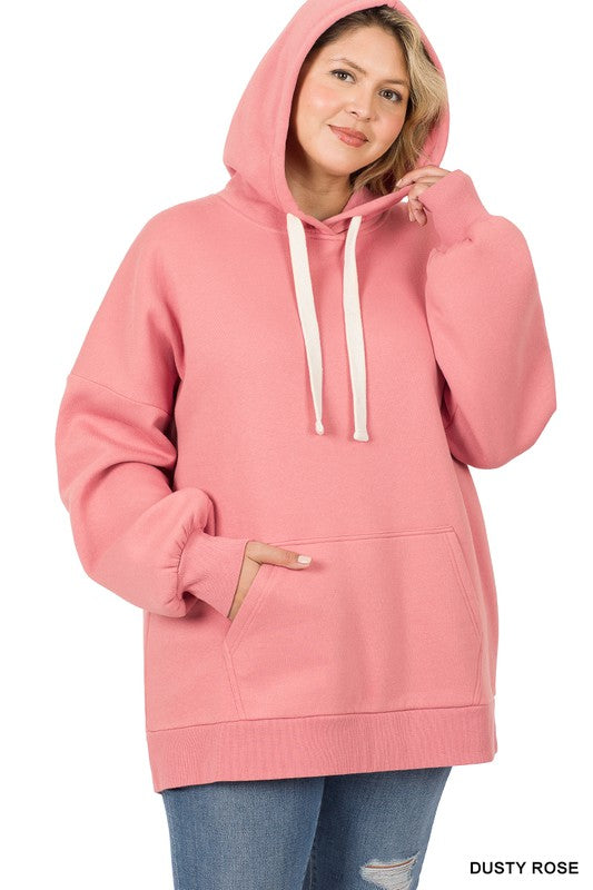 Hoodie Oversized Sweatshirt, Long Sleeves Plus 1X-3X- Dusty Rose (Pink) Front  view