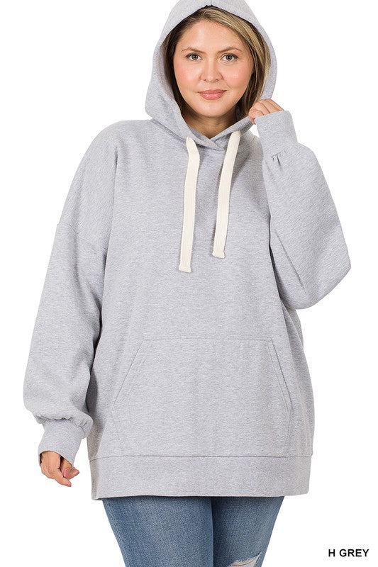 Hoodie Oversized Sweatshirt, Long Sleeves Plus 1X-3X- Gray Front  view