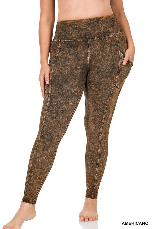 Plus Mineral Wash Wide Waistband Full Leggings, side pockets, designed for sizes varies sizes including XL to 5XL
