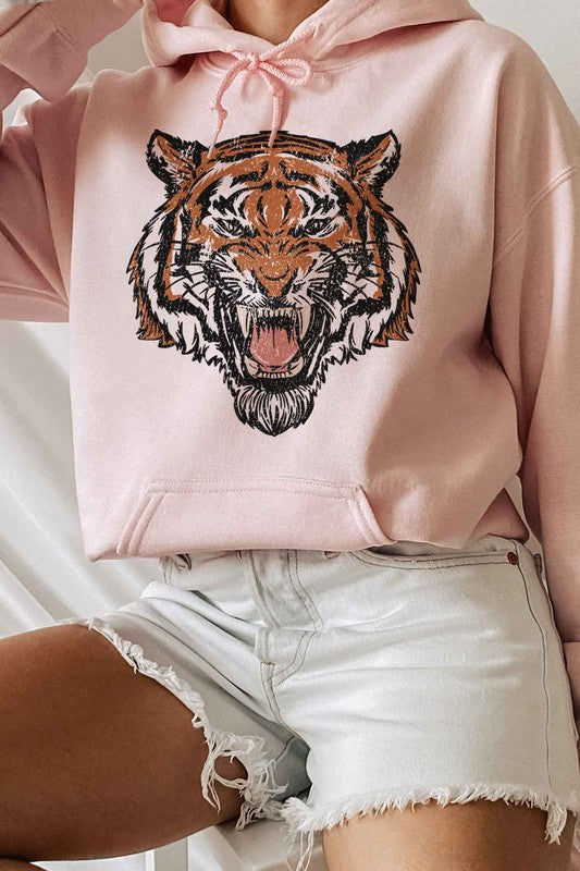 Pink- Tiger Graphic Hoodie, Long Sleeves in -Pink- White-Ash
