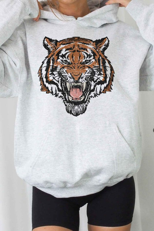 Tiger Graphic Hoodie, Long Sleeves in -Pink- White-Ash- close up front view