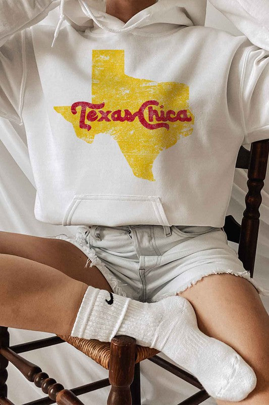 Texas Chica Hoodie, Long Sleeves, Drawstring -Colors, Natural, Pink , White- Texas state graphic design in Yellow, Texas chica i n Red- front pockets- view close up front- premium cotton- unisex sizing - classic fit