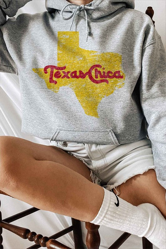 Texas Chica Hoodie, Long Sleeves, Drawstring -Colors, Natural, Pink , White- Texas state graphic design in Yellow, Texas chica i n Red- front pockets- view close up front- premium cotton- unisex sizing - classic fit- gray
