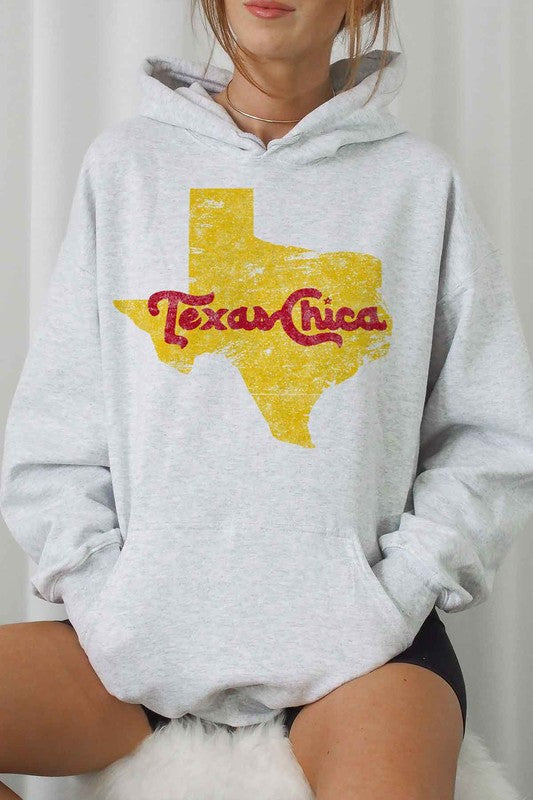 Texas Chica Hoodie, Long Sleeves, Drawstring -Colors, Natural, Pink , White- Texas state graphic design in Yellow, Texas chica i n Red- front pockets- view close up front- premium cotton- unisex sizing - classic fit