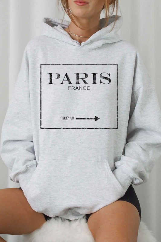 Hoodie  Sweatshirt Graphic "PARIS FRANCE" Long Sleeves- Warm & Comfy -color white- front view- drawstrings