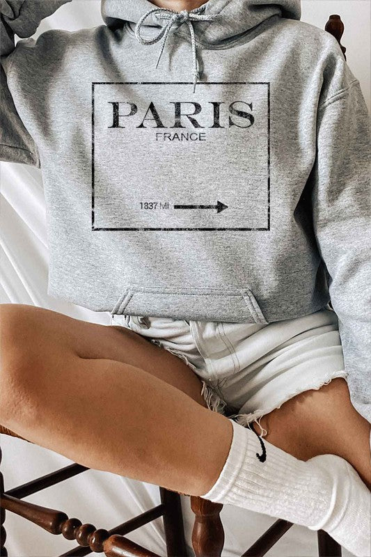 Hoodie  Sweatshirt Graphic "PARIS FRANCE" Long Sleeves- Warm & Comfy -color grey- front view- drawstrings