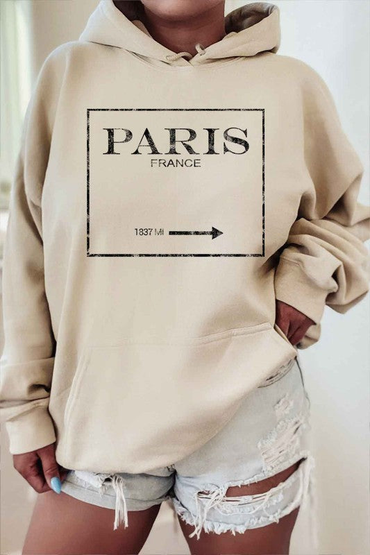 Hoodie  Sweatshirt Graphic "PARIS FRANCE" Long Sleeves- Warm & Comfy -color sand- front view- drawstrings