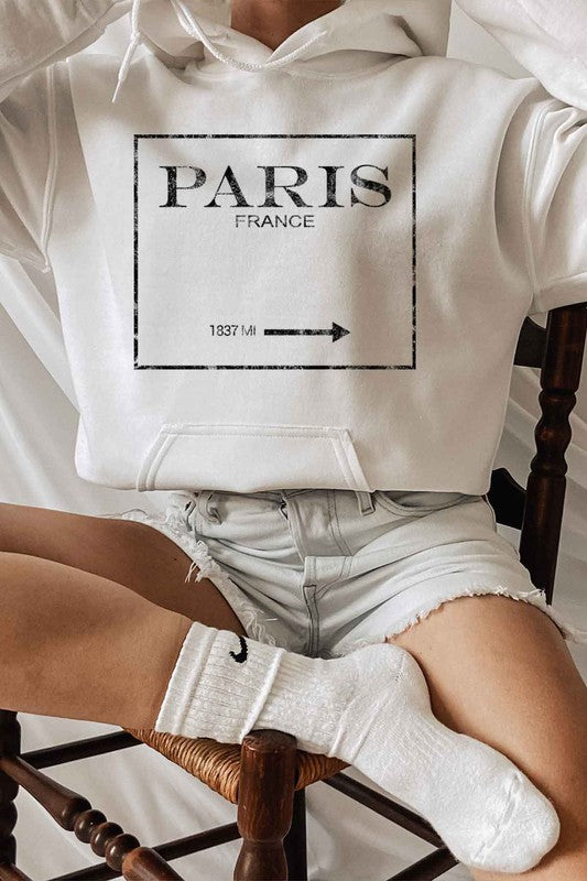 Hoodie  Sweatshirt Graphic "PARIS FRANCE" Long Sleeves- Warm & Comfy -color white- front view- drawstrings
