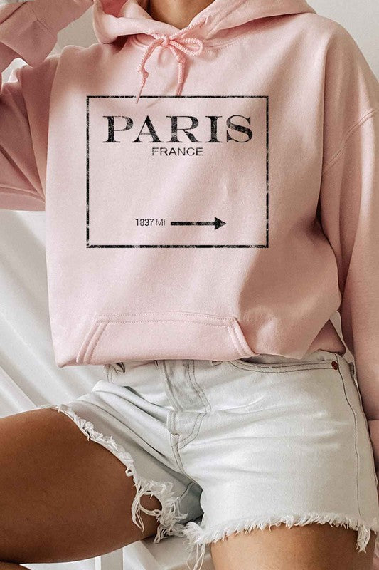 Hoodie  Sweatshirt Graphic "PARIS FRANCE" Long Sleeves- Warm & Comfy -color pink- front view- drawstrings