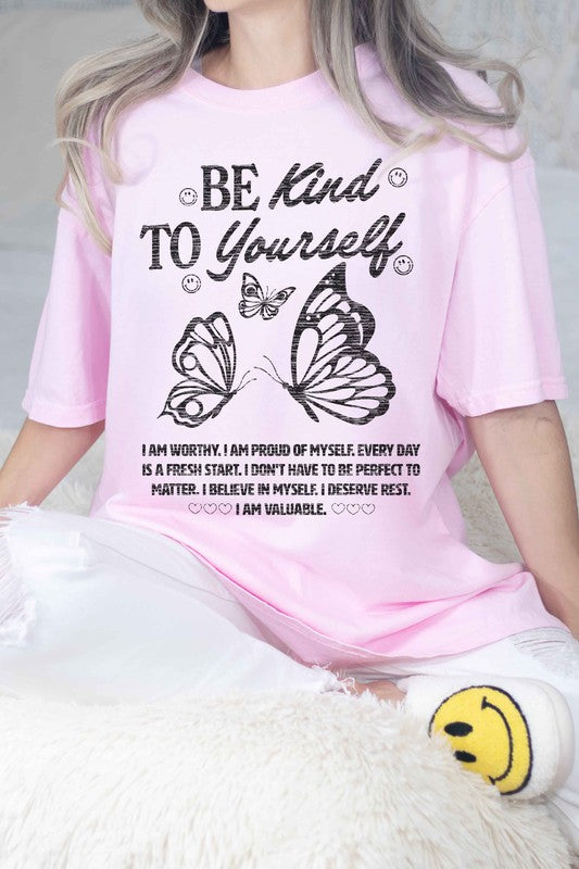 Color Pink Short Sleeves - T-Shirt Oversized Graphic Tee-Text "Be Kind to Yourself" - Premium Cotton