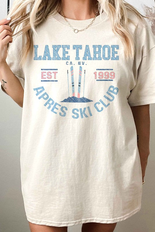 Tee Oversized Graphic T-Shirt "Lake Tahoe Apres Ski Club" - Short sleeve- Premium Cotton