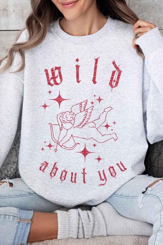 Sweatshirt "Wild about you" Cupid graphic in red. Long sleeve - Premium Cotton