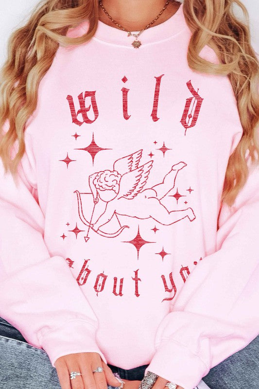 Pink -Sweatshirt "Wild about you" Cupid graphic in red. Long sleeve - Premium Cotton- sizes Small/Medium - Medium/Large