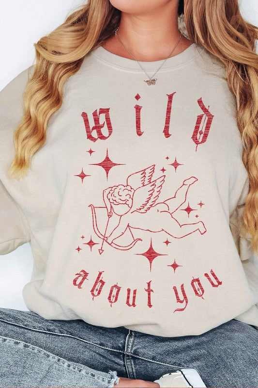 Sweatshirt "Wild about you" Cupid graphic in red. Long sleeve - Premium Cotton- Sizes - S/M-M/L