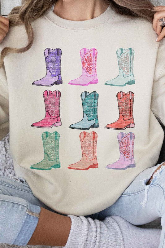 Sweatshirt Cowgirl Boots Western Country - Graphic Design- USA Made- Premium Cotton- Classic Fit- Sizes Small, Medium , Large. Boots graphic in different colors (9)