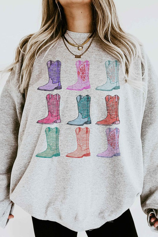 Sweatshirt Cowgirl Boots Western Country - Graphic Design- USA Made- Premium Cotton- Classic Fit- Sizes Small, Medium , Large. Boots graphic in different colors (9)
