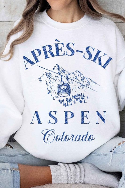Graphic Sweatshirt Apres Ski Aspen Colorado, Premium Cotton Classic Fit - close up front view -Apres-ski Aspen Colorado