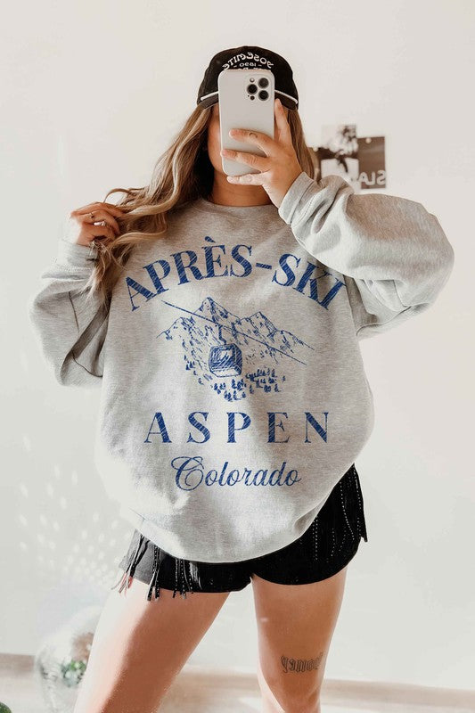 Graphic Sweatshirt Apres Ski Aspen Colorado, Premium Cotton Classic Fit- Front view- long sleeves