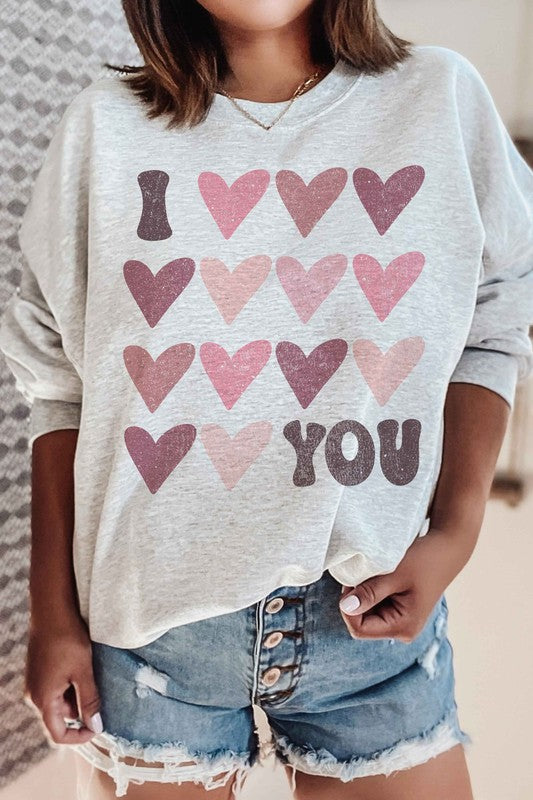 I Love You Valentine Graphic Sweatshirt, Long Sleeve Premium Cotton- base color gray with I love you - heart graphic -front view