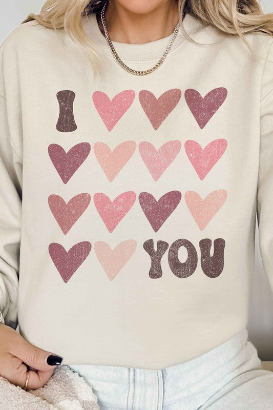I Love You Valentine Graphic Sweatshirt, Long Sleeve Premium Cotton- base color natural with I love you - heart graphic -front view