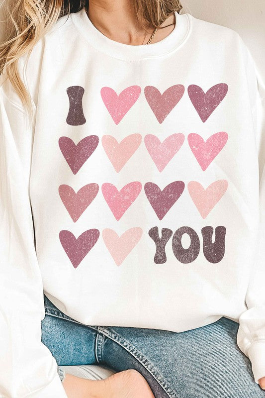 I Love You Valentine Graphic Sweatshirt, Long Sleeve Premium Cotton- base color white with I love you - heart graphic -front view