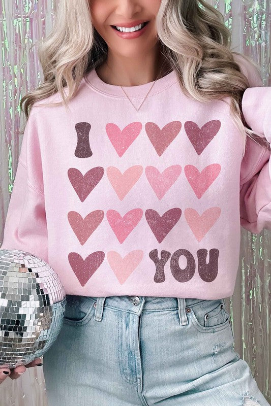 I Love You Valentine Graphic Sweatshirt, Long Sleeve Premium Cotton- base color pink with I love you - heart graphic -front view