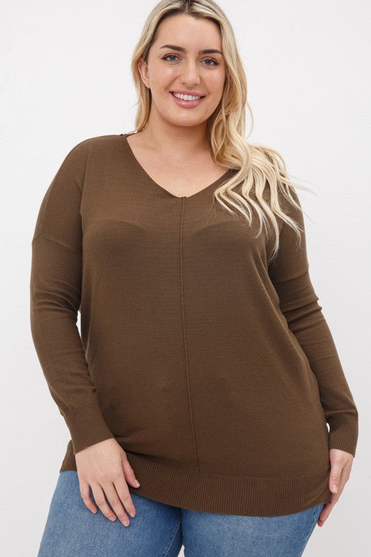 PLUS LIGHT KNIT FRONT SEAM HIGH LOW V NECK PULLOVE
