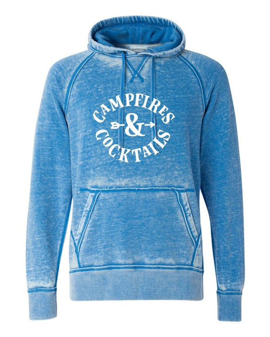 Vintage Hoodie Campfires and Cocktails - Acid Wash - Front view- graphic text Campfires & Cocktails in white - Color Blue acid wash finish sizes 2X-3X