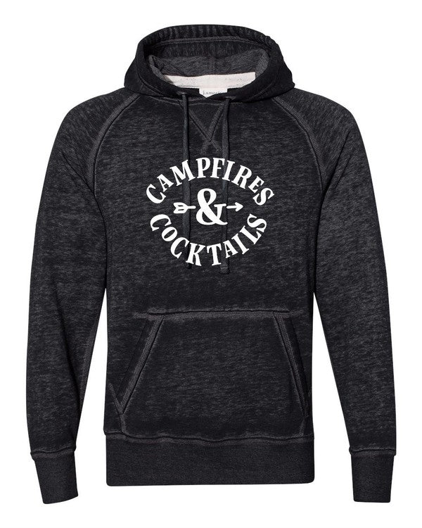 Vintage Hoodie Campfires and Cocktails - Acid Wash - Front view- graphic text Campfires & Cocktails in white - Color black acid wash finish sizes 2X-3X