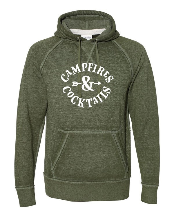 Vintage Hoodie Campfires and Cocktails - Acid Wash - Front view- graphic text Campfires & Cocktails in white - Color olive acid wash finish sizes 2X-3X