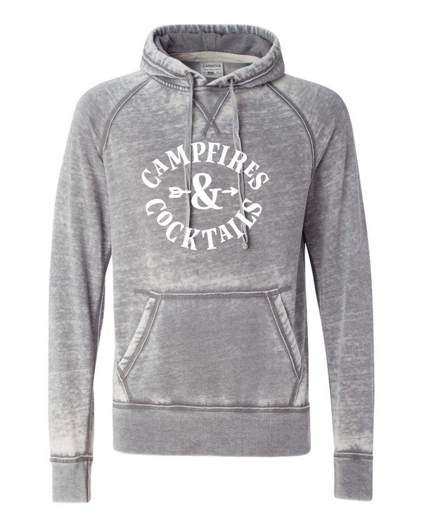 Vintage Hoodie Campfires and Cocktails - Acid Wash - Front view- graphic text Campfires & Cocktails in white - Color Grey- acid wash finish sizes 2X-3X