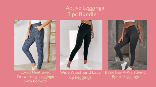 Active leggings 3 pc bundle from size M - XL included 1 Loveit Heathered Drawstring leggings with pockets, 1 wide waistband lace up leggings no pockets & 1 Basic Bae V- waistband sports leggings - color gray