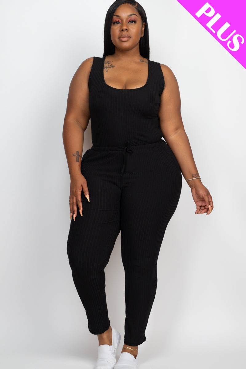 Plus Size Ribbed Sleeveless Drawstring Jumpsuit-15