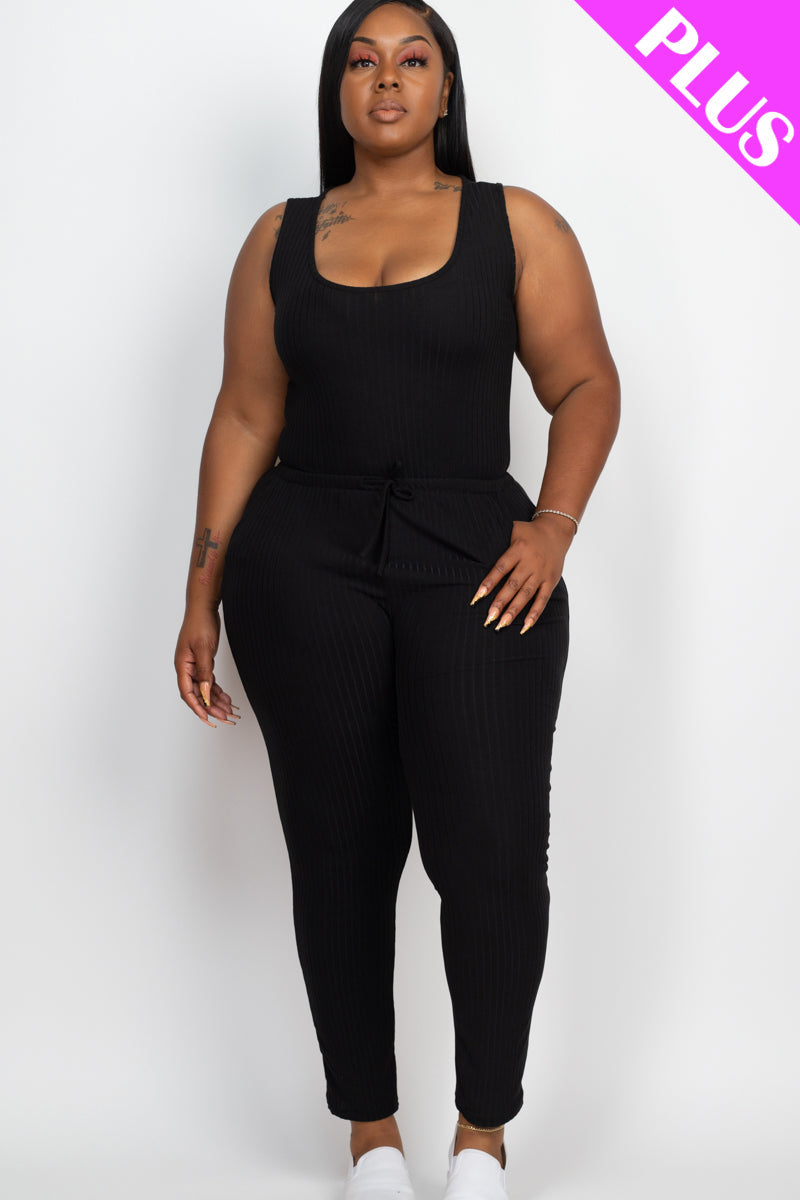 Plus Size Ribbed Sleeveless Drawstring Jumpsuit-19