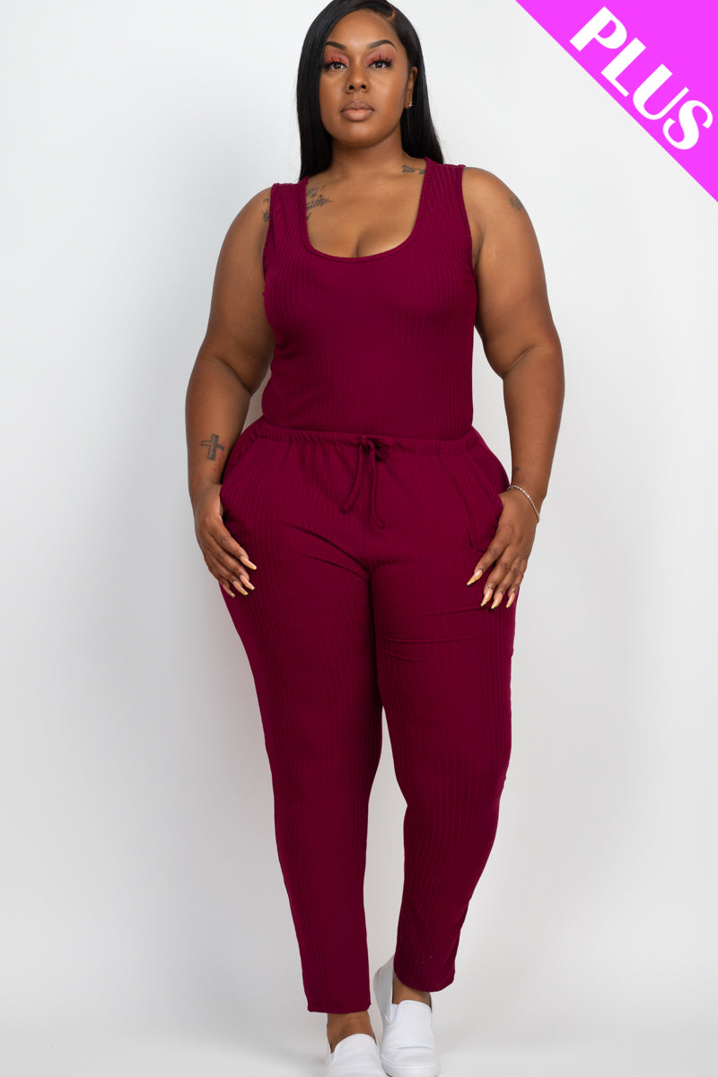 Plus Size Ribbed Sleeveless Drawstring Jumpsuit-24