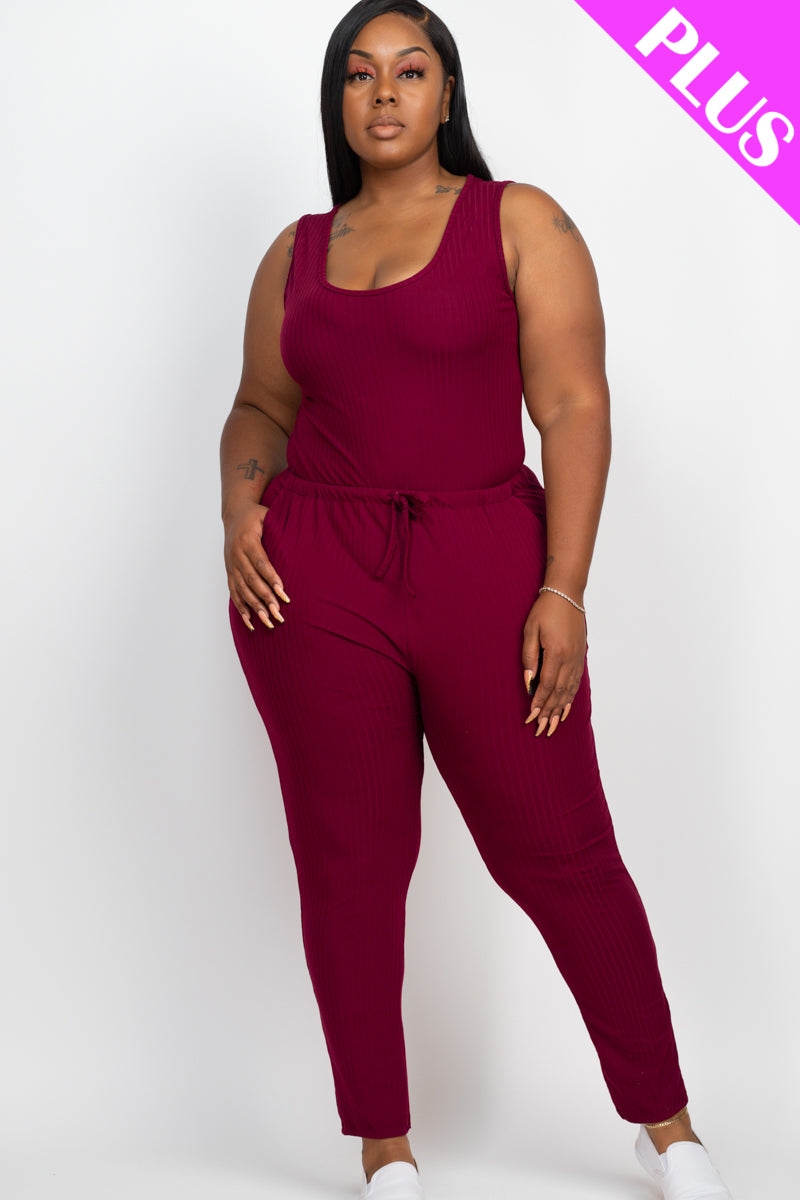 Plus Size Ribbed Sleeveless Drawstring Jumpsuit-20