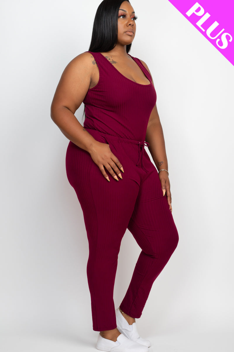 Plus Size Ribbed Sleeveless Drawstring Jumpsuit-21