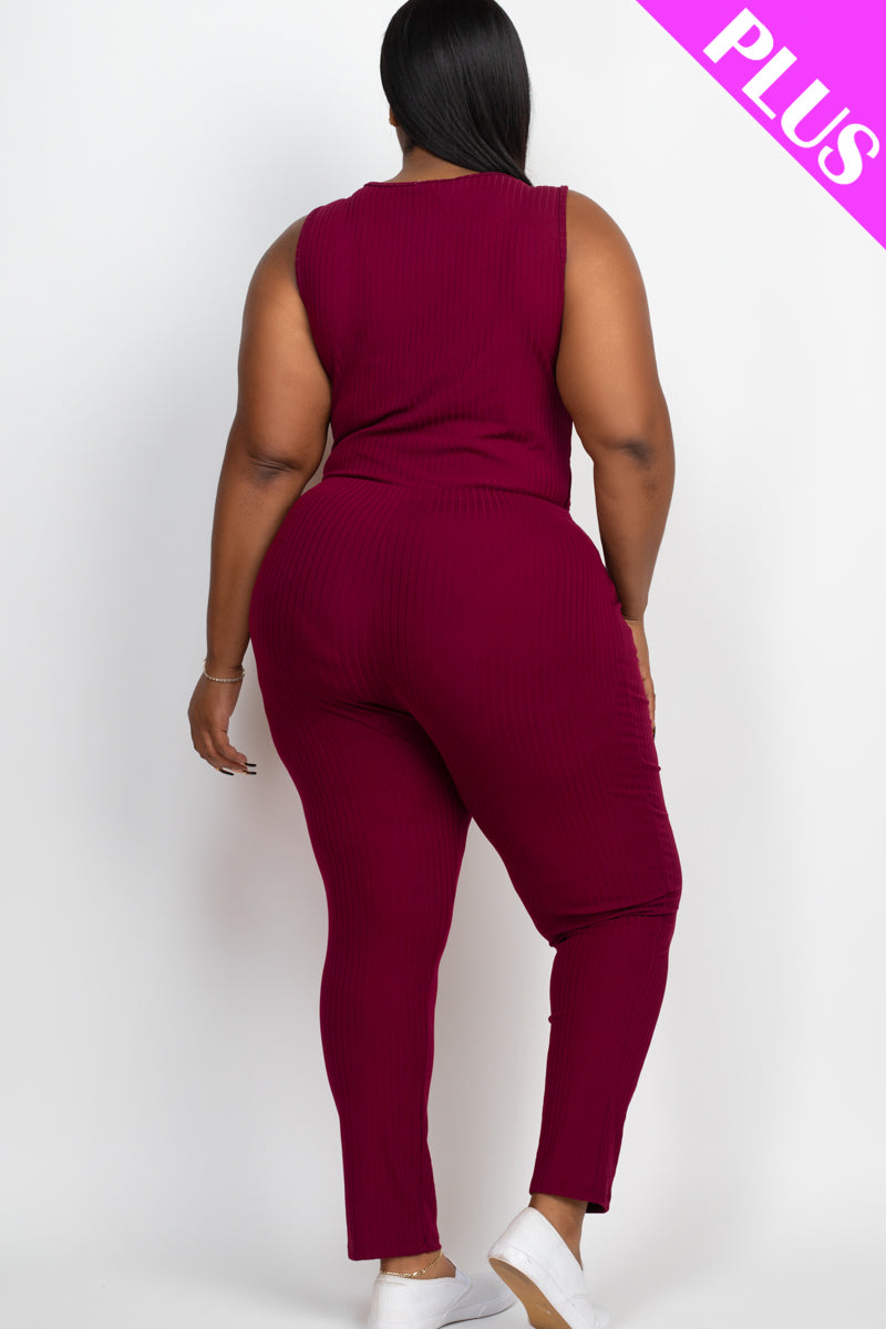 Plus Size Ribbed Sleeveless Drawstring Jumpsuit-22