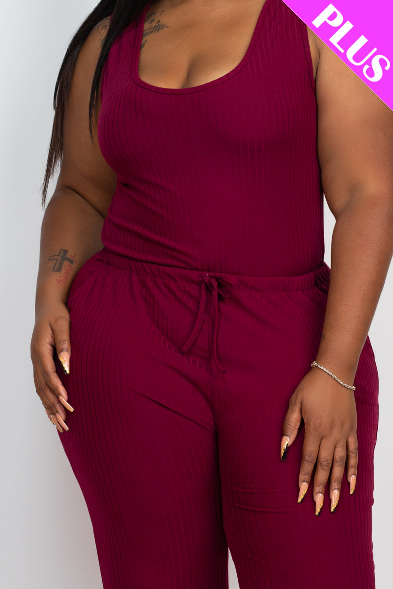 Plus Size Ribbed Sleeveless Drawstring Jumpsuit-23