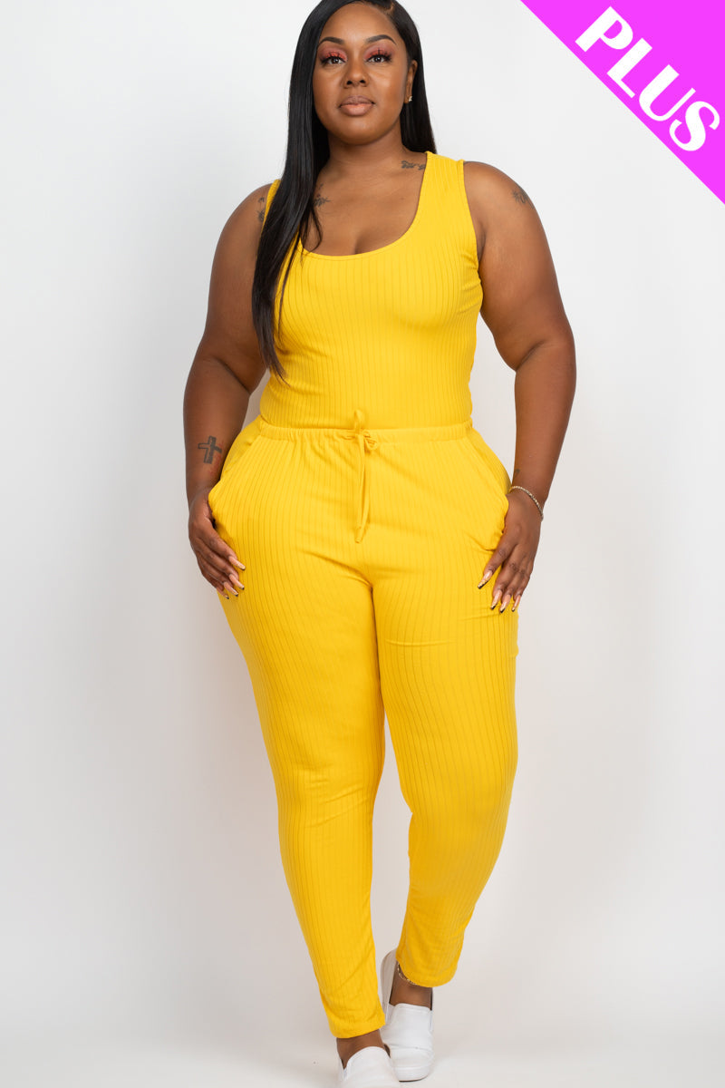 Plus Size Ribbed Sleeveless Drawstring Jumpsuit-25