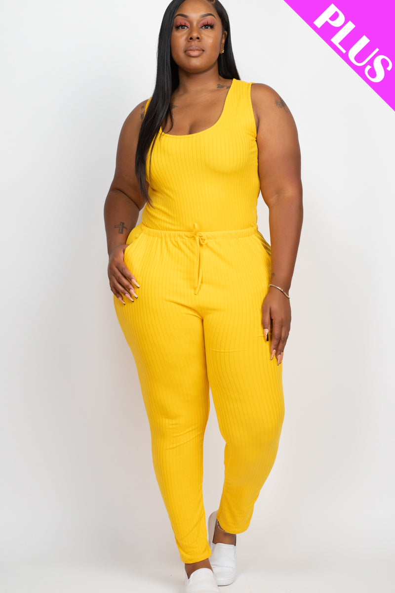 Plus Size Ribbed Sleeveless Drawstring Jumpsuit-29