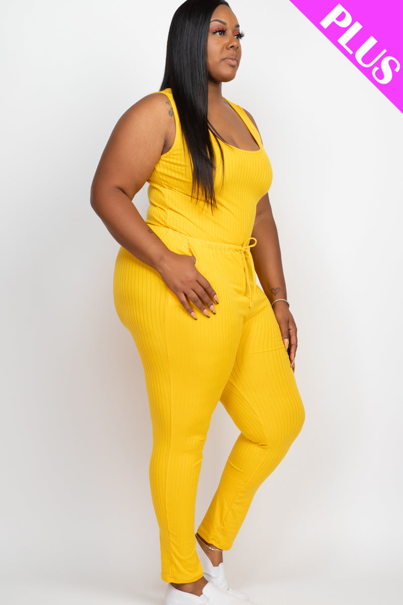 Plus Size Ribbed Sleeveless Drawstring Jumpsuit-26