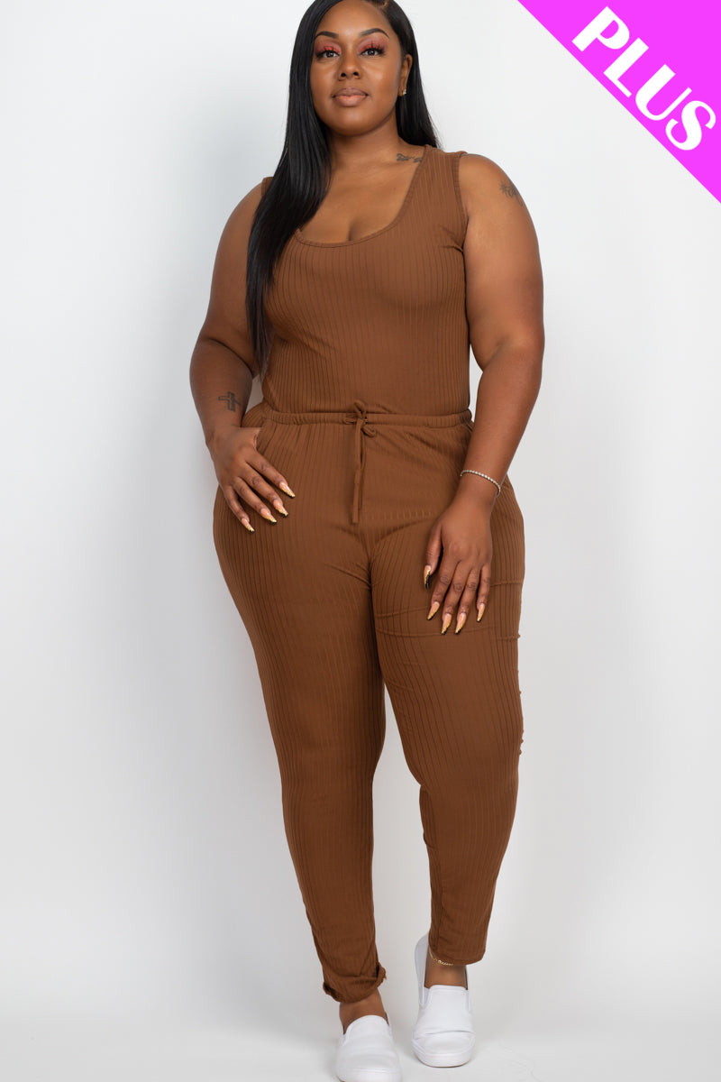 Plus Size Ribbed Sleeveless Drawstring Jumpsuit-30