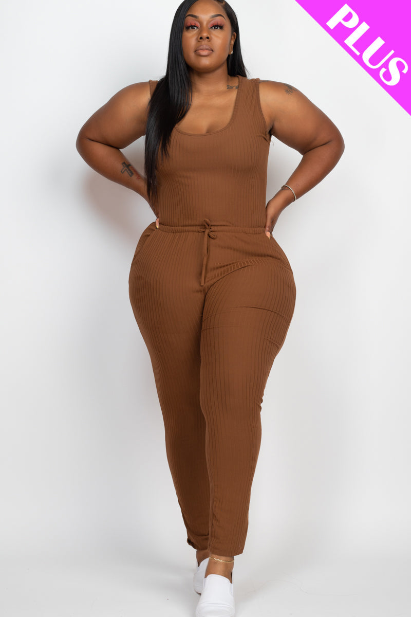 Plus Size Ribbed Sleeveless Drawstring Jumpsuit-34