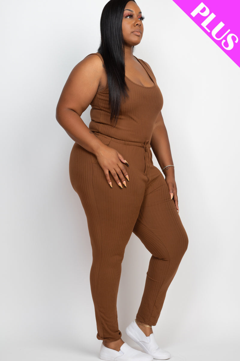 Plus Size Ribbed Sleeveless Drawstring Jumpsuit-31