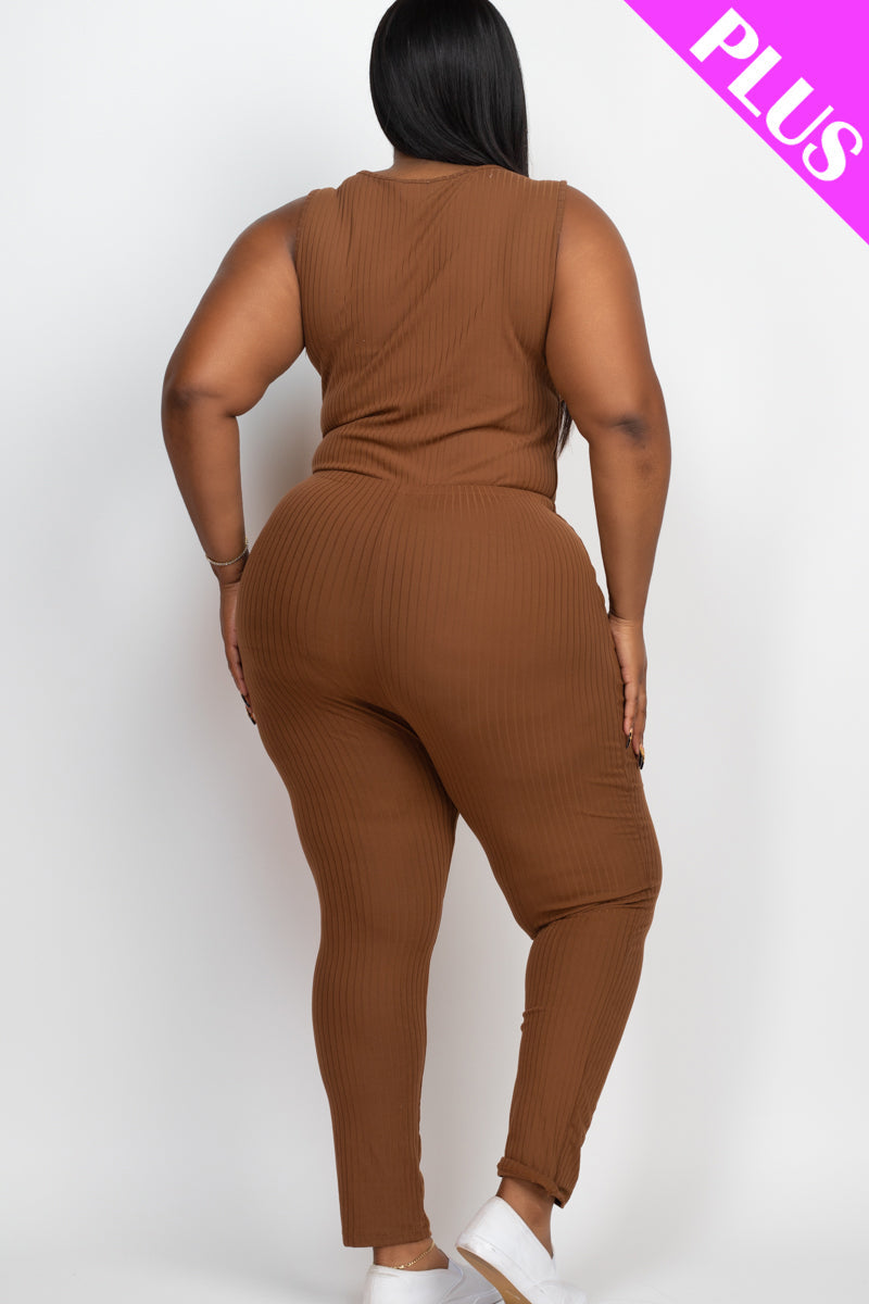 Plus Size Ribbed Sleeveless Drawstring Jumpsuit-32