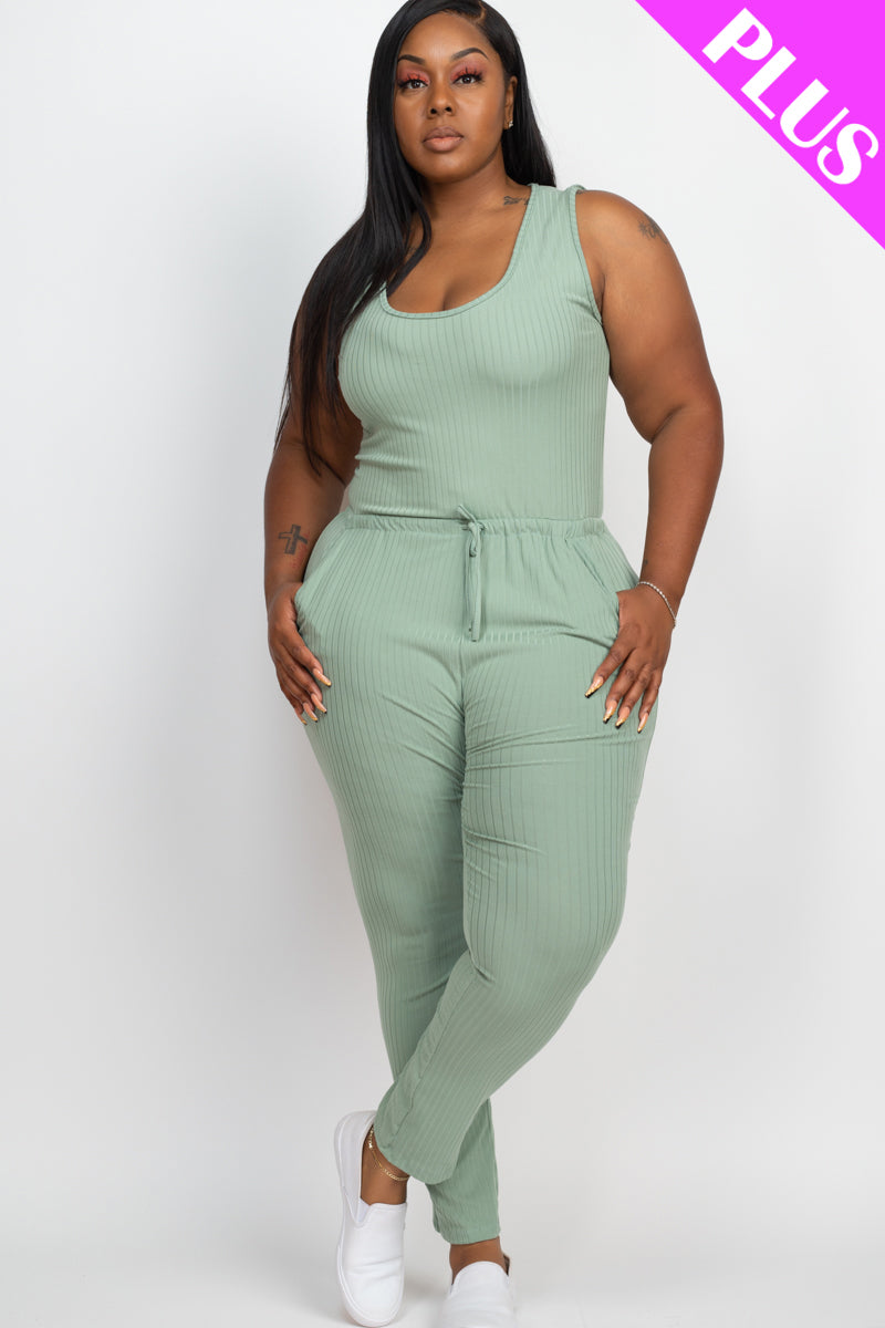 Plus Size Ribbed Sleeveless Drawstring Jumpsuit-39